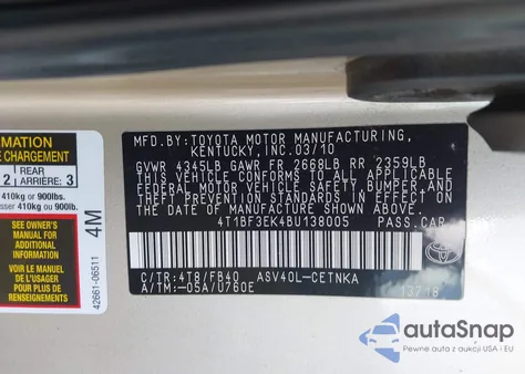 2011 Toyota Camry Le from USA, damaged, VIN 4T1BF3EK4BU138005